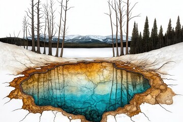 Vibrant Turquoise Hot Spring in Snowy Mountain Landscape