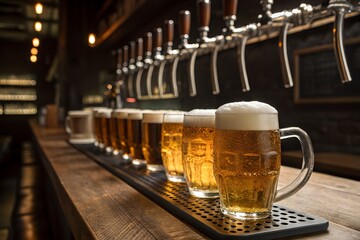 Row of traditional dimpled beer mugs filled with assorted ales & lagers on a wooden bar counter, with multiple beer taps in background. Pub selection. generative ai