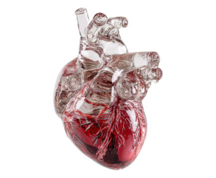 Heart sculpture with red detail representing human anatomy concept on a transparent background, cut out