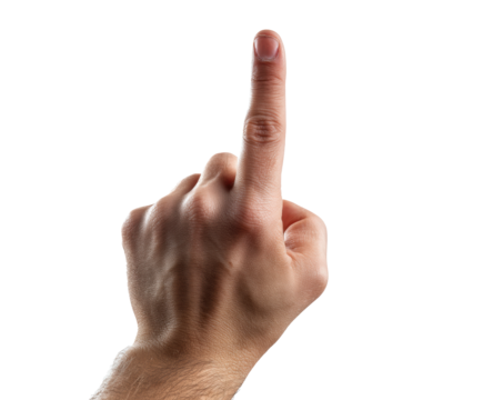 Gesture of signaling or pointing using one finger raised hand on a transparent background, cut out