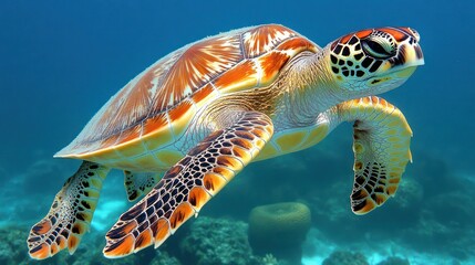 Vibrant sea turtle glides through coral reef