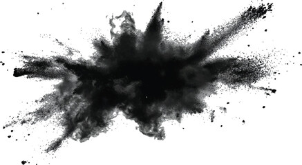 Black flying explosion on a white transparent background. Abstract powder splatted background. Black powder explosion on transparent background