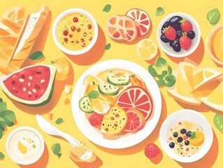 A Symphony of Freshness: An artistic composition featuring an array of delectable fruits and dishes. A vibrant celebration of fresh, healthy eating. 