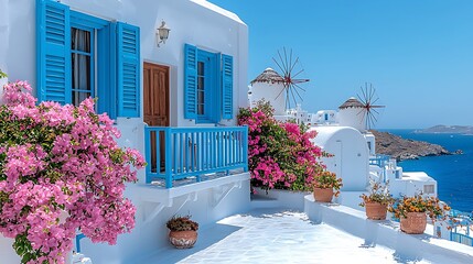 Scenic view of mykonos greece featuring blue shutters pink flowers and traditional windmills high resolution photo