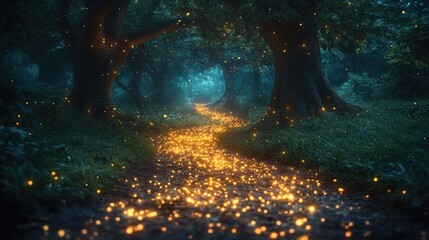 A magical forest path illuminated by glowing fireflies, inviting exploration through enchanting nature.