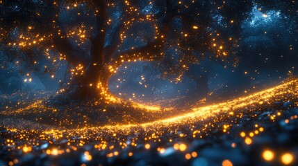 Naklejka premium A magical forest with glowing lights and an ancient tree creating a whimsical evening atmosphere filled with wonder
