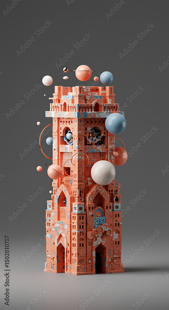 Poster abstract coral architectural structure with floating orbs and planets 3d render