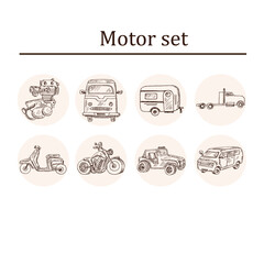 Motor hand drawn doodle set. Vector illustration. Isolated elements on white background. Symbol collection.