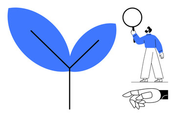 Blue leaf representing growth, person holding magnifying glass searching for insights, and robotic hand signifying innovation. Ideal for ecology, future tech, research, climate action, progress
