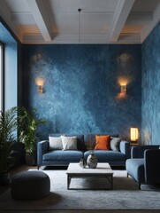 A stylish living room with deep blue walls and comfortable furniture.