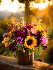 Fototapeta premium Vibrant floral arrangement featuring sunflowers and assorted blooms against a golden sunset