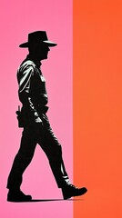 Walking Cowboy Silhouette Against Pink and Orange Background