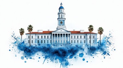 Watercolor Art of Grand White Building with Blue Dome and Palm Trees on White