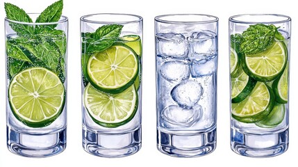 Watercolor Illustration of Four Refreshing Highball Glasses with Mint Lime and Ice