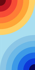 Rainbow-colored concentric arcs design, vibrant warm to cool color spectrum. Retro 1970s inspired curved pattern with smooth gradient transitions. Symbolic sun, sky and sea.
