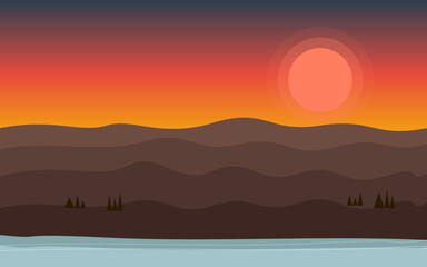 Serene mountain lake landscape at sunset, vibrant sky gradient. Silhouetted ranges create layered depth against tranquil waters, evoking nostalgia with minimalist 1970s-inspired aesthetic.
