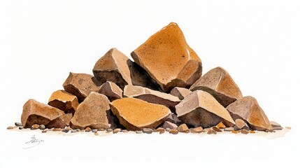 Watercolor Painting of a Pile of Brown and Tan Rocks on White Background