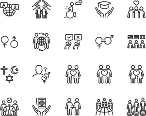 Vector set of diversity line icons. Contains icons tolerance, gender equality, religion, language, human rights, multicultural, nationality, gender identity, inequality and more. Pixel perfect.