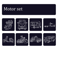 Motor hand drawn doodle set. Vector illustration. Isolated elements on white background. Symbol collection.