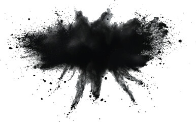 Black flying explosion on a white transparent background. Abstract powder splatted background. Black powder explosion on transparent background