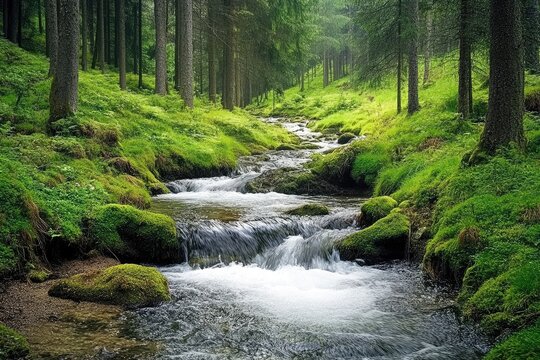 Misty forest stream, mossy banks