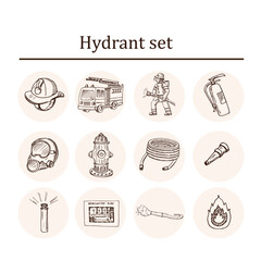 Hydrant hand drawn doodle set. Vector illustration. Isolated elements on white background. Symbol collection.