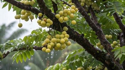 Malay Gooseberry Tree Full of Ripe Fruit in Rainy Dark Weather