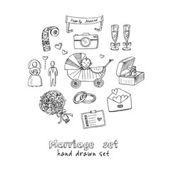 Marriage hand drawn doodle set. Vector illustration. Isolated elements on white background. Symbol collection.