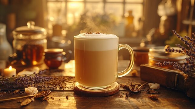 Warm latte in glass mug, herbal setting