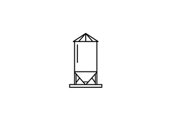 A simple line drawing of a grain silo with a conical roof and a support structure on a white background