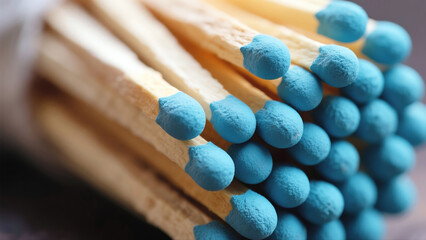 Macro Image of Strike-Anywhere Matches with Blue Tips for Emergency Kits, Bushcraft and Survival Gear