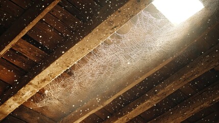 Cobweb in barn rafters with dust details light streaks and eerie ambiance perfect for decay stillness or fall visuals