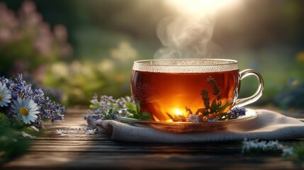 Warm tea, sunlit garden