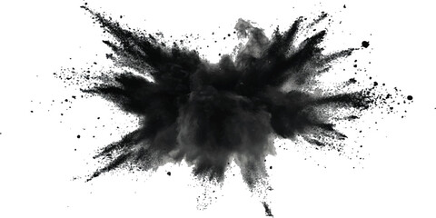 Vector black powder explosion isolated on white transparent background. Black flying explosion on a white transparent background