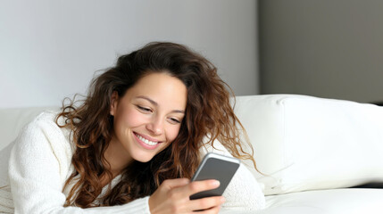 Young woman relaxing on white bed, scrolling smartphone screen with cheerful expression, engaging in digital communication