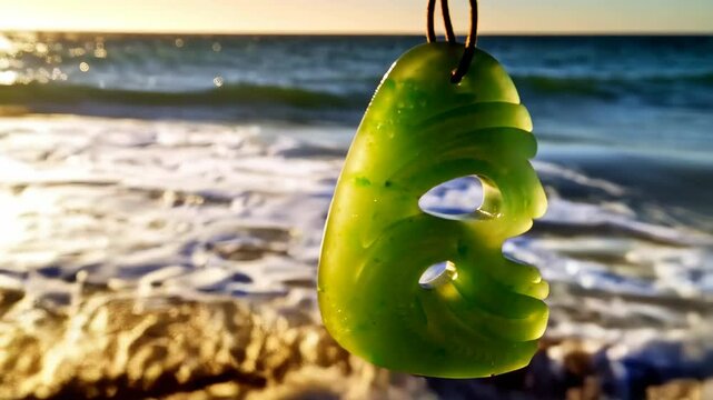 Greenstone hei tiki pendant hanging on a beach with waves and golden light. Depicts Maori culture close to ocean with tide.