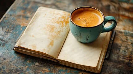 Coffee ring on notebook with stained paper casual tone and real-life imperfection ideal for lifestyle or work themes