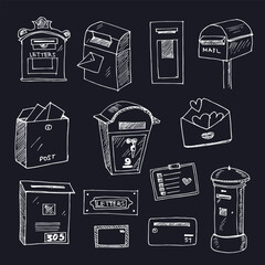 Letter box hand drawn doodle set. Vector illustration. Isolated elements on white background. Symbol collection.