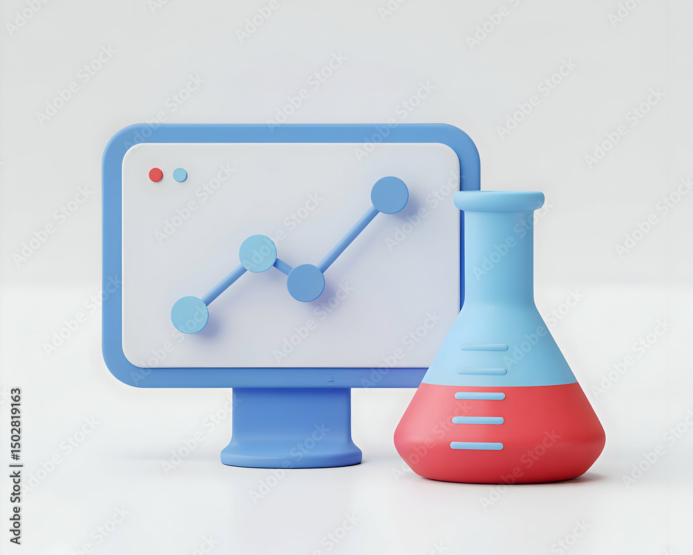 Poster 3d render of a computer screen showing a graph and a beaker