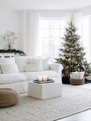A cozy living room decorated for the holidays.