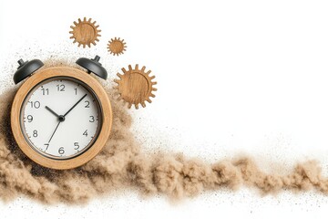 Wooden Alarm Clock Sinking in Brown Sand Against White Background