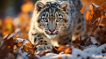 Obraz premium Snow Leopard in Autumn Leaves and Snow