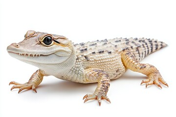 Young Beige Crocodile with Brown Stripes on White Background
