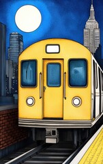 Yellow Train in Urban Nightscape with Full Moon over City Buildings and Dark Blue Skies