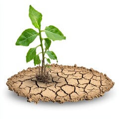 Young Green Plant Sprouts From Cracked Dry Earth Symbolizing Resilience Isolated