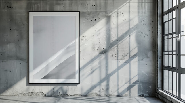poster mockup on a concrete wall, realistic lighting, urban industrial interior, slightly textured gray concrete background, vertical A2 size poster, soft shadows, minimalistic design.