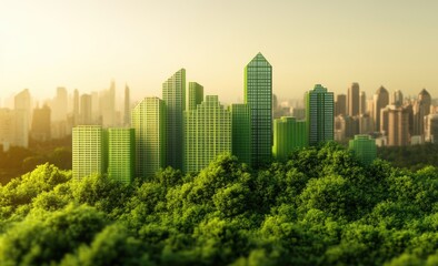 Obraz premium Sustainable cityscape, green buildings, lush trees
