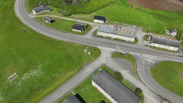 Drone shot looking over the main entrance to Washington State's Fort Casey on a sunny summer day.