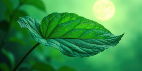 Obraz premium A Single Vibrant Green Leaf Illuminated by Soft Light, a Symbol of Nature's Purity and Growth