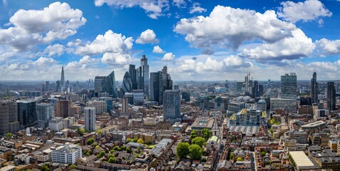 Panoramic aerial view of the skyline at the City of London, England, during a sunny summer day